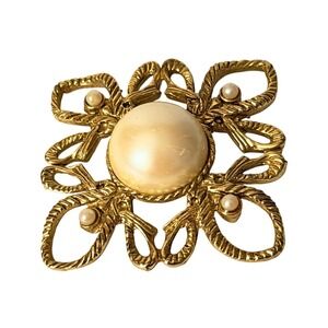 Rope Knot Brooch‎ Gold Tone Faux Pearl Pin Square Sunburst Victorian Vintage